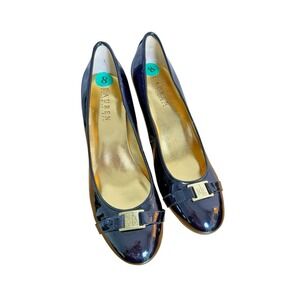 LAUREN RALPH LAUREN WOMENS 8B PUMPS PRE-OWNED PATENT BLACK LEATHER‎ GOLD RL LOGO